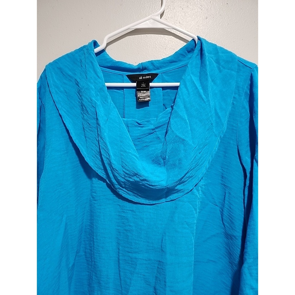 Ali Miles Cowl Neck Top Womens Sz L Blue Black button 3/4 Sleeve, Preowned‎
